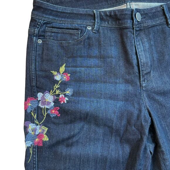 J Jill Slim Ankle Floral Embroidered Dark Wash Stretch Jeans Size 12 - Picture 4 of 10